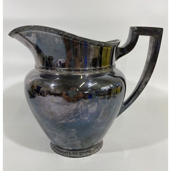 Antique H.S. Co Silverplate Water Pitcher Art Deco 7.75” X 9.5” Geometric Handle